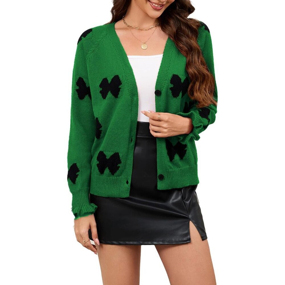 Women Bow Cardigan V Neck Open Front Button Knit Sweater Fall Cute